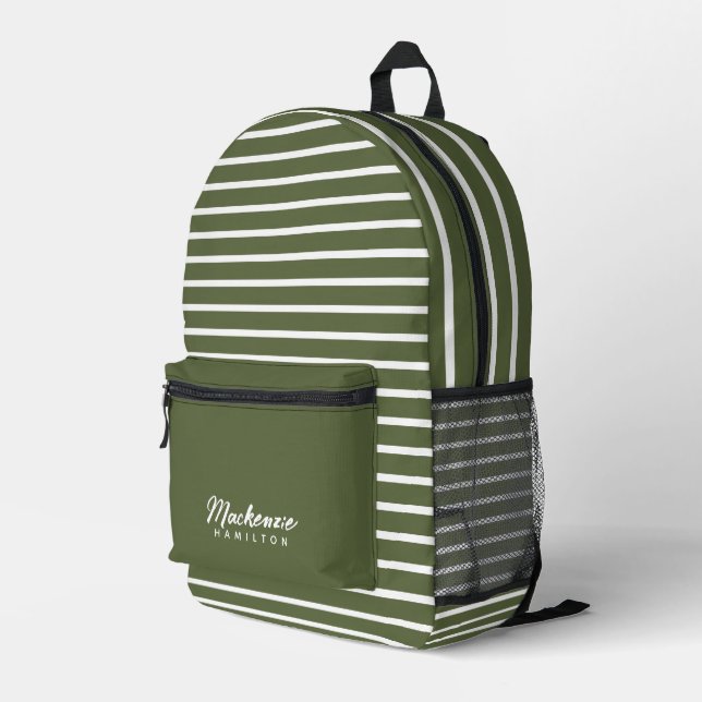 Modern Personalised Name Green Striped Printed Backpack (Back Corner Right)