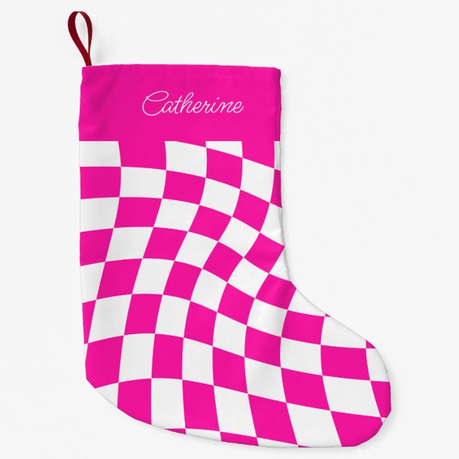 Modern Personalised Name Hot Pink Chequered  Small Christmas Stocking (Front)