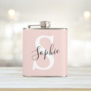 Modern Personalised Name Monogram Pastel Pink Hip Flask