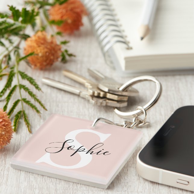 Modern Personalised Name Monogram Pastel Pink Key Ring (Front Right)
