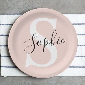 Modern Personalised Name Monogram Pastel Pink Paper Plate