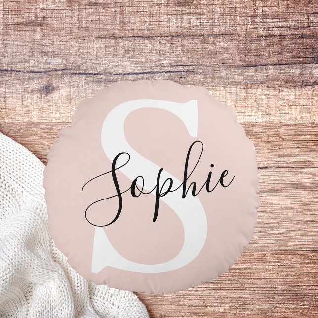 Modern Personalised Name Monogram Pastel Pink Round Cushion (Creator Uploaded)