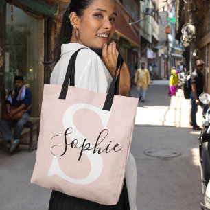Modern Personalised Name Monogram Pastel Pink Tote Bag