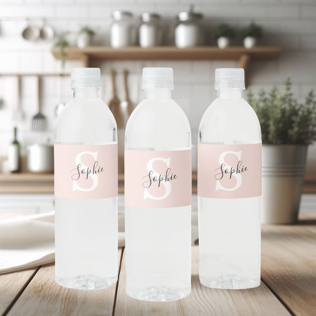 Modern Personalised Name Monogram Pastel Pink Water Bottle Label (Creator Uploaded)