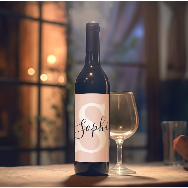 Modern Personalised Name Monogram Pastel Pink Wine Label (Creator Uploaded)