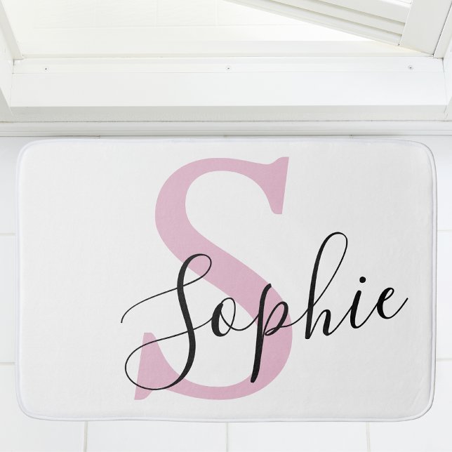 Modern Personalised Name Monogram Pink Bath Mat (Creator Uploaded)