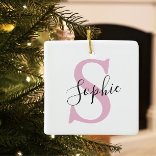 Modern Personalised Name Monogram Pink  Ceramic Ornament