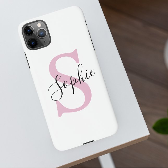 Modern Personalised Name Monogram Pink iPhone Case (Creator Uploaded)