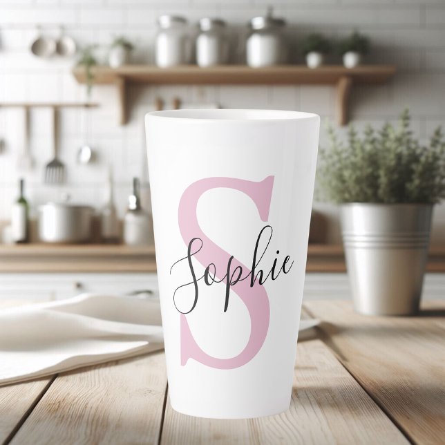 Modern Personalised Name Monogram Pink Latte Mug (Creator Uploaded)
