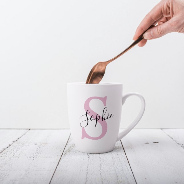 Modern Personalised Name Monogram Pink Latte Mug (Creator Uploaded)