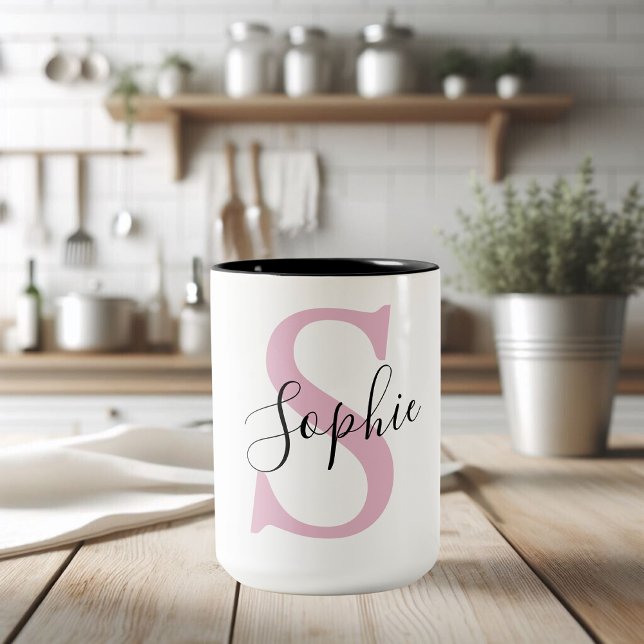 Modern Personalised Name Monogram Pink Two-Tone Coffee Mug (Creator Uploaded)