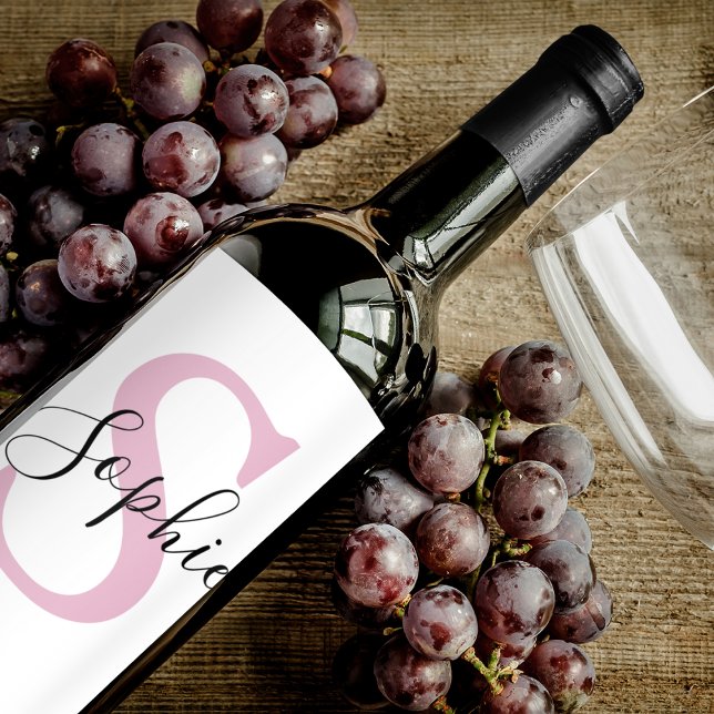 Modern Personalised Name Monogram Pink Wine Label (Creator Uploaded)