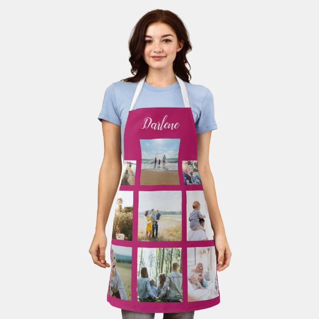 Modern Personalised Name Photo Collage Fuchsia  Apron (Worn)