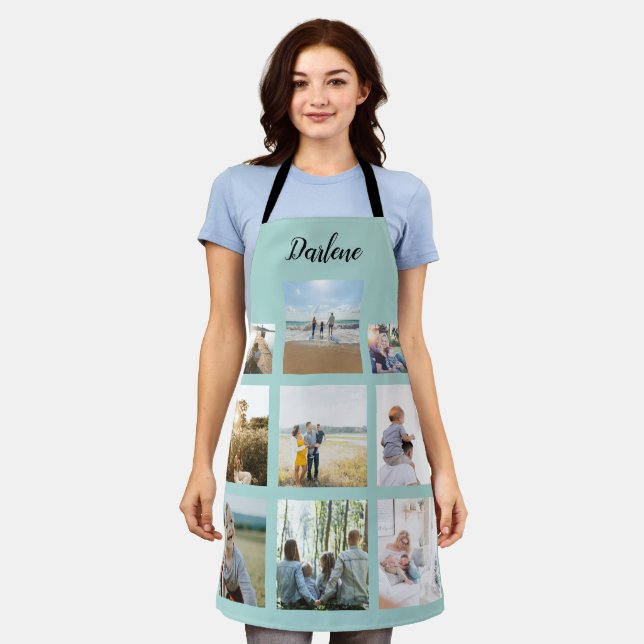 Modern Personalised Name Photo Collage Mint Teal Apron (Worn)