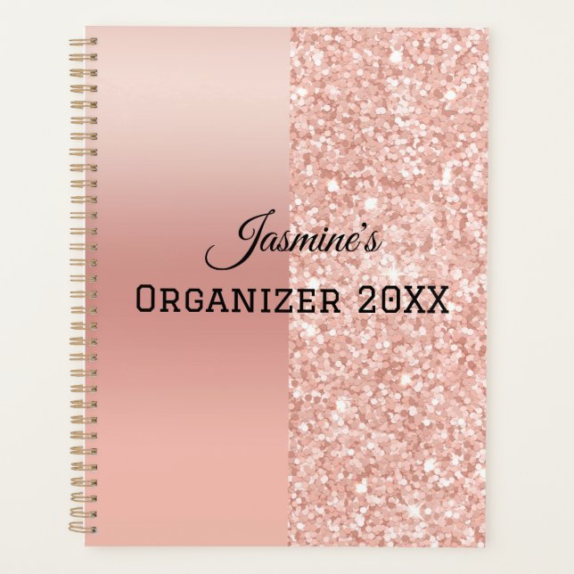 Modern Personalised Name Rose Gold Pink Sparkle Planner (Front)