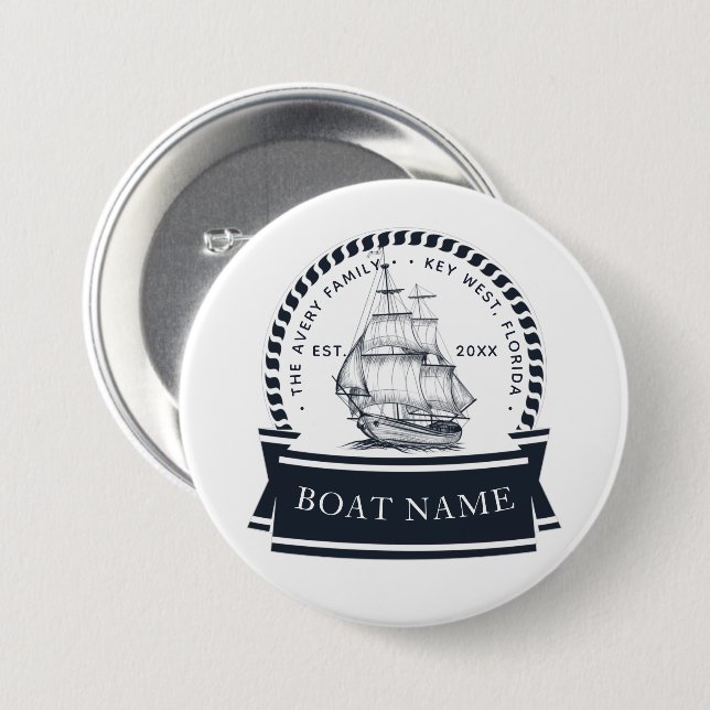 Modern Personalised Nautical Boat 7.5 Cm Round Badge (Front & Back)