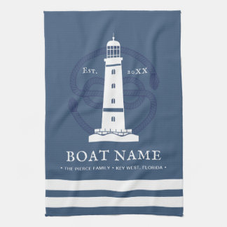 Modern Personalised Nautical lighthouse Boat Name Tea Towel