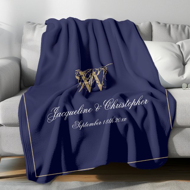 Modern Personalised Newlywed Keepsake Monogram Fleece Blanket (Elegant gold monogram with white font names and gold border against navy background fleece blanket.)