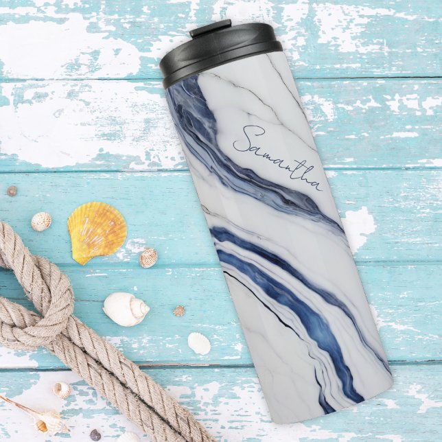 Modern Personalised Off-White Blue Marble  Thermal Tumbler (Creator Uploaded)