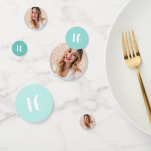 Modern Personalised Photo 16th Birthday Aqua Blue Confetti