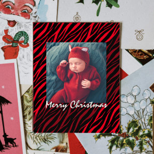 Modern Personalised Photo Red Zebra Christmas Postcard