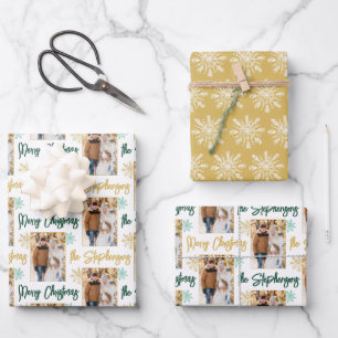 Modern Personalised Photo Script Name Gold Green Wrapping Paper Sheet
