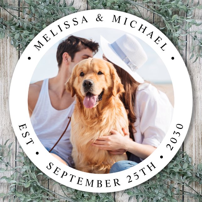Modern Personalised Photo Wedding Classic Round Sticker (Creator Uploaded)