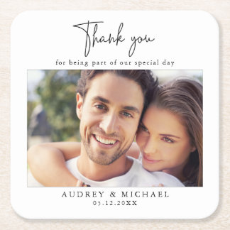 Modern Personalised Photo Wedding Thank You Square Paper Coaster