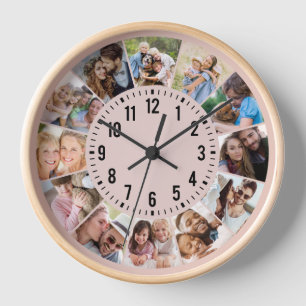 Modern Personalised Pink 12 Photo Collage Clock