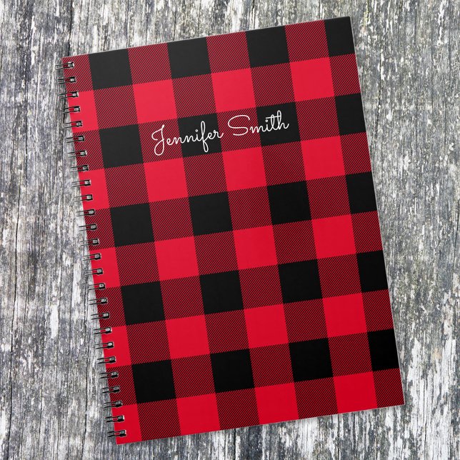 Modern Personalised Red and Black Buffalo Check Notebook (Creator Uploaded)