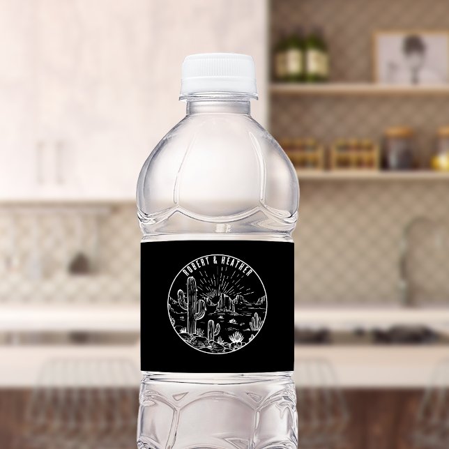 Modern Personalised Rustic Desert Wedding Black Water Bottle Label (Creator Uploaded)