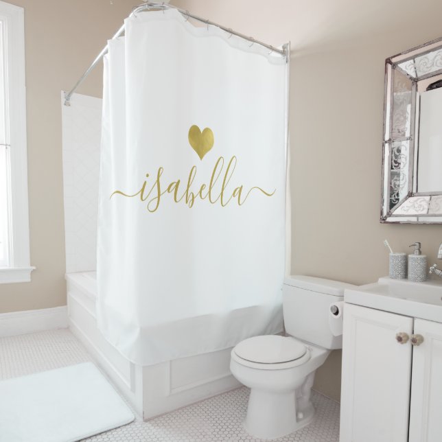 Modern Personalised Script Name Gold Heart Shower Curtain (In Situ)