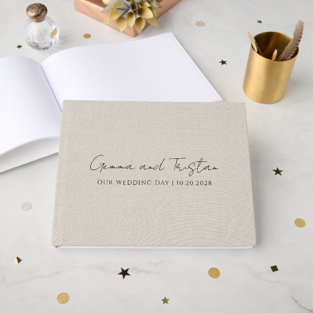 Modern Personalised Silver Grey Faux Linen Guest Book (Front Open)