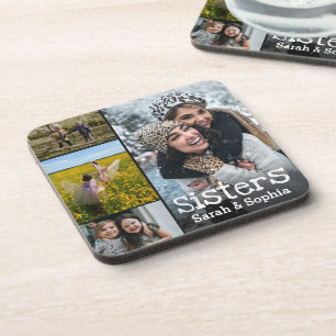 Modern Personalised Sisters 4 Photo Collage Coaster