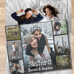 Modern Personalised Sisters 7 Photo Collage Fleece Blanket