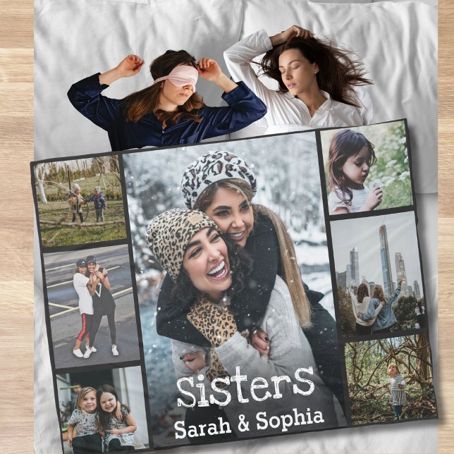 Modern Personalised Sisters 7 Photo Collage Fleece Blanket (Creator Uploaded)