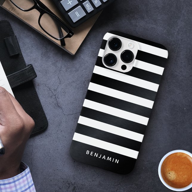 Modern Personalised Striped Black and White Case-Mate iPhone Case (Creator Uploaded)