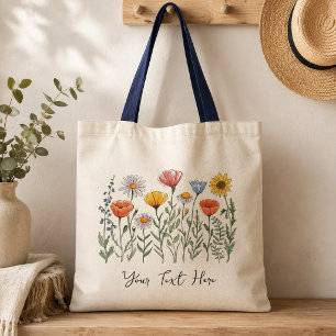 Modern Personalised Watercolor Wildflower Floral Tote Bag