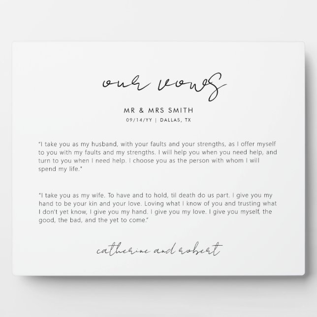 Modern Personalised Wedding Vows Plaque (Front)