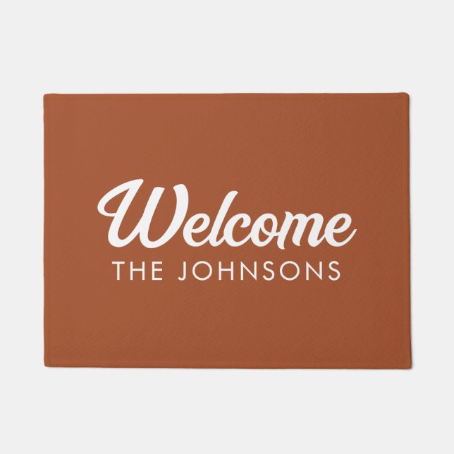 Modern Personalised Welcome Doormat | Terracotta (Front)