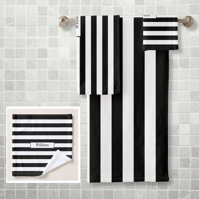 Modern Personalized Black and White Striped Bath Towel Set (Modern Personalized Black and White Striped Bath Towel Set)