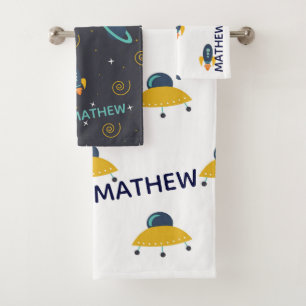 Modern Personalized Blue Yellow Grey Space Kids Bath Towel Set
