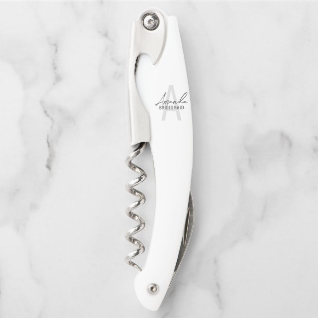 Modern Personalized Bridesmaid's Monogram and Name Corkscrew (Front)