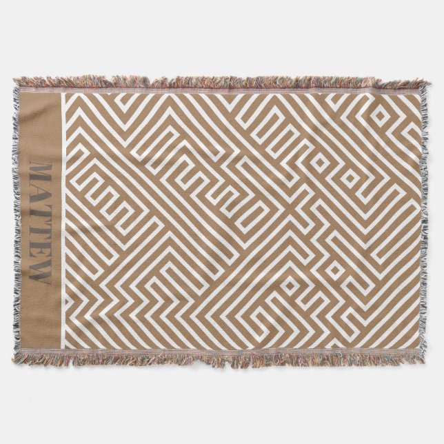 Modern Personalized Brown White Labyrinth Pattern Throw Blanket (Front)