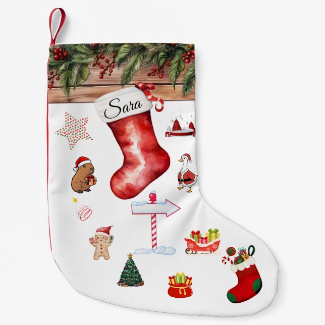 Modern Personalized Christmas Stocking Red & White (Front)
