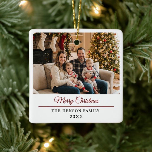Modern Personalized Family Photo Merry Christmas  Ceramic Ornament (Tree)