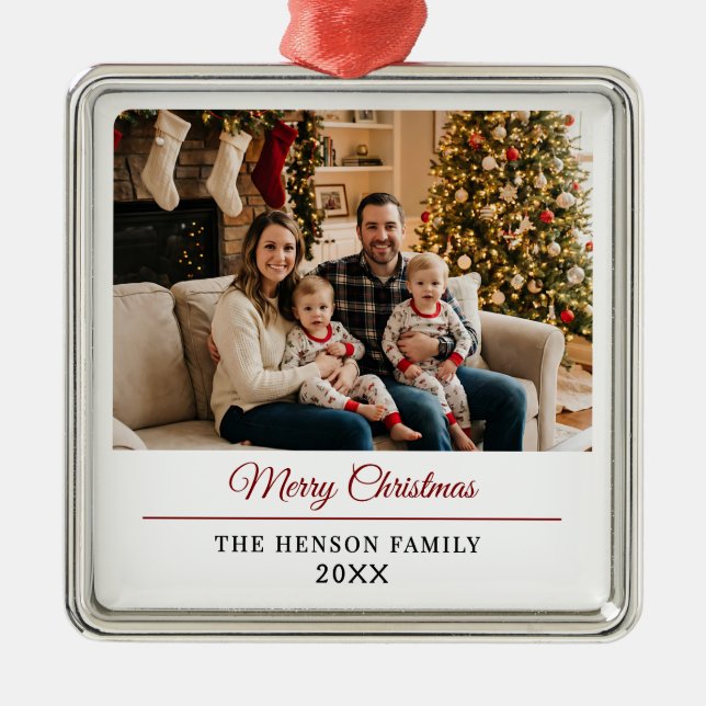 Modern Personalized Family Photo Merry Christmas  Metal Ornament (Front)