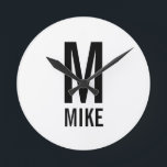 Modern Personalized Monogram and Name Round Clock<br><div class="desc">Modern Black and White Bold Monogram Design featuring personalized monogram and name in modern bold sans serif font style.
Unique gift for dad, husband, grandparents and more.
Also perfect as modern loft/minimalist home decor accessories, birthday gift, holiday gift, family reunion gift, housewarming gift and gift for any special occasions.</div>