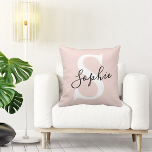 Modern Personalized Name Monogram Pastel Pink Cushion
