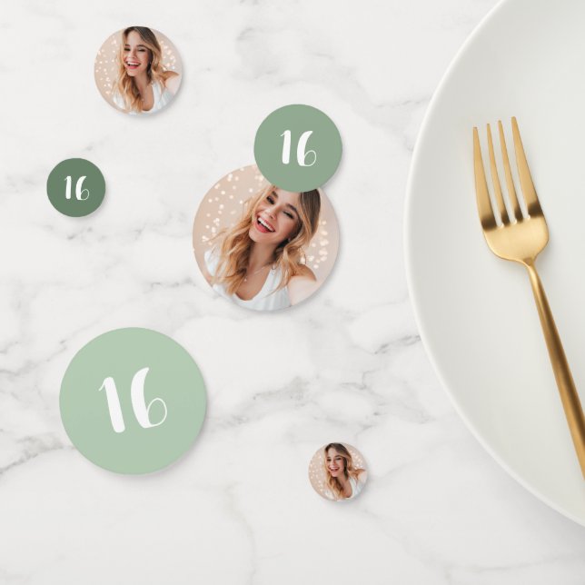 Modern Personalized Photo 16th Birthday Sage Green Confetti (Group)